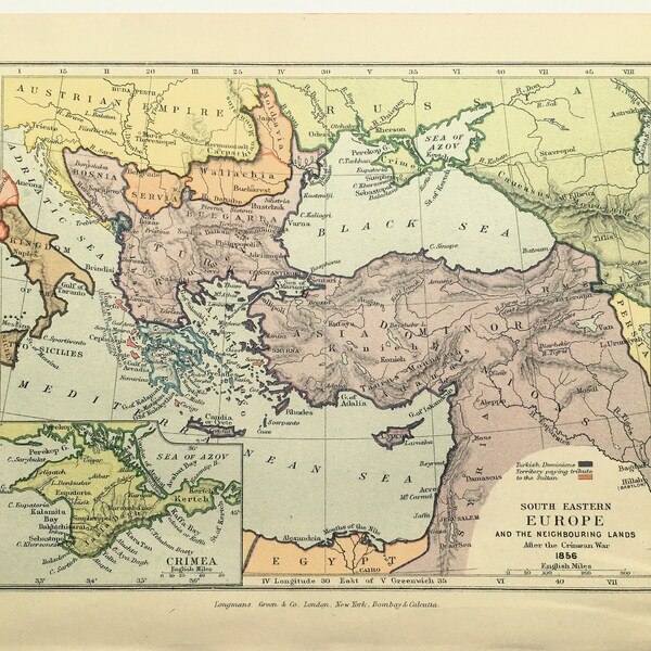 BALKANS, CRIMEAN WAR, 1856, c. 1900 Small Antique Colour Map