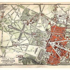 VERSAILLES, PARIS City Plan, FRANCE 1910 Small Antique Colour Map