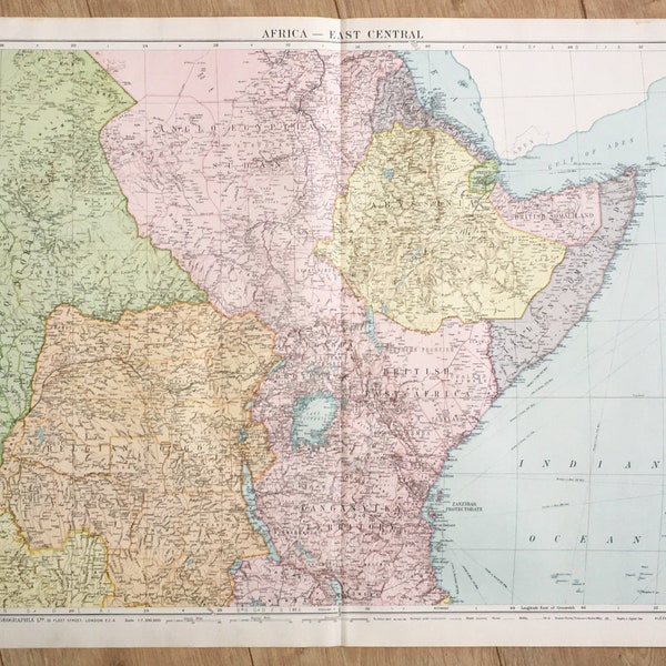 EAST AFRICA Huge Antique Map: Kenya, Uganda, Tanzania, Belgian Congo, Anglo Egyptian Sudan c. 1920. Lovely Colours