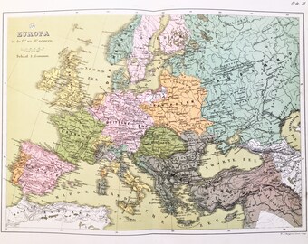 1800S MAP EUROPE FRANCE ITALY SPAIN ARAB SWEDEN REPRO POSTER
