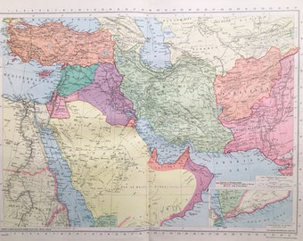SUDOESTE DE ASIA 1945 Mapa vintage en tiempos de guerra, Oriente Medio, Arabia Saudita, Irán, Irak, Turquía, Afganistán, Philips. Colores encantadores
