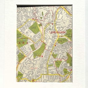 H. 1960 VINTAGE LONDON KARTE, Süd-London, Peckham, Nunhead, Brockley, Catford, Forest Hill, mit Passepartout / Für die Gestaltung montiert