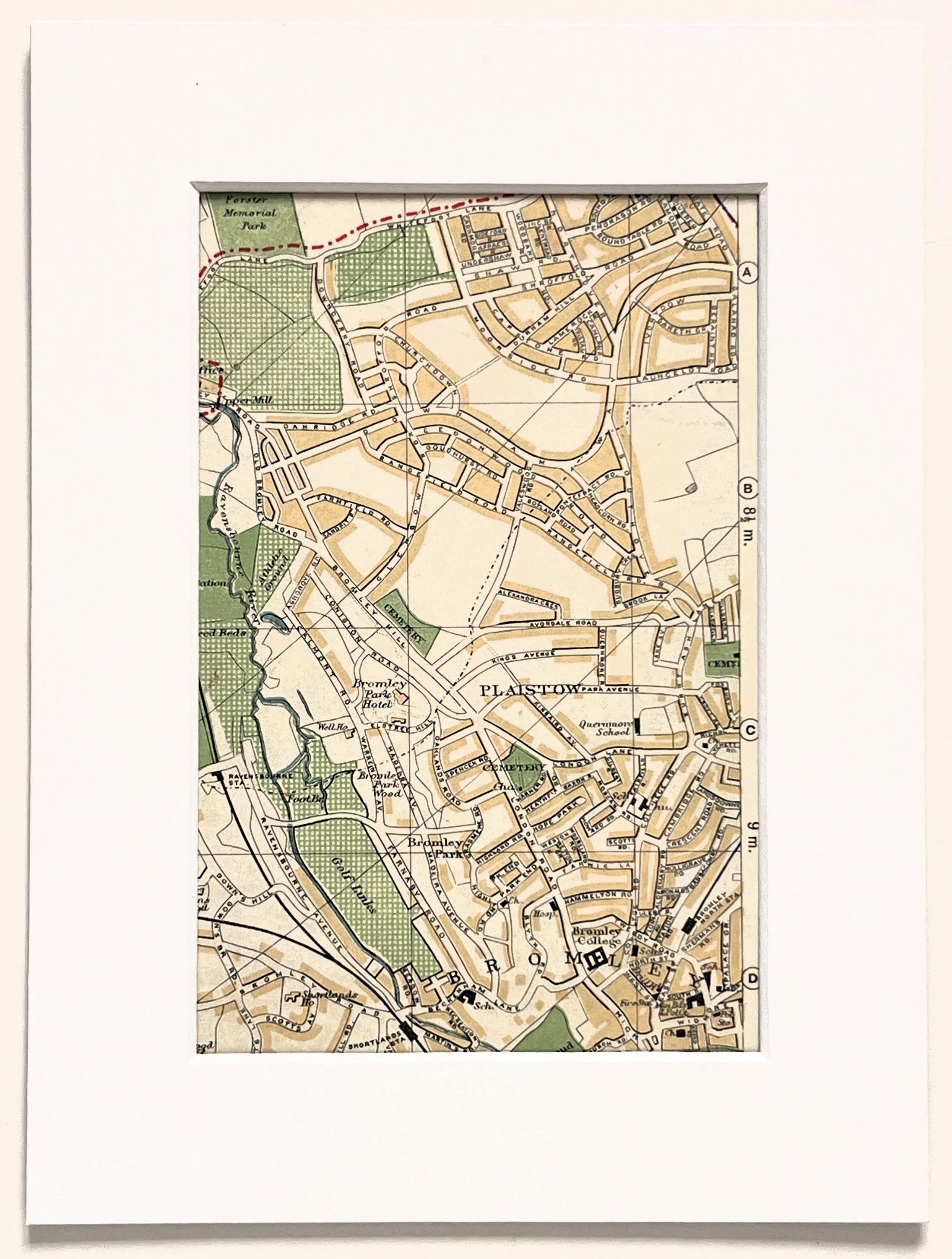1930s VINTAGE LONDON MAP, South East London, Bromley, Plaistow, Downham, Matted/ Mounted for Framing