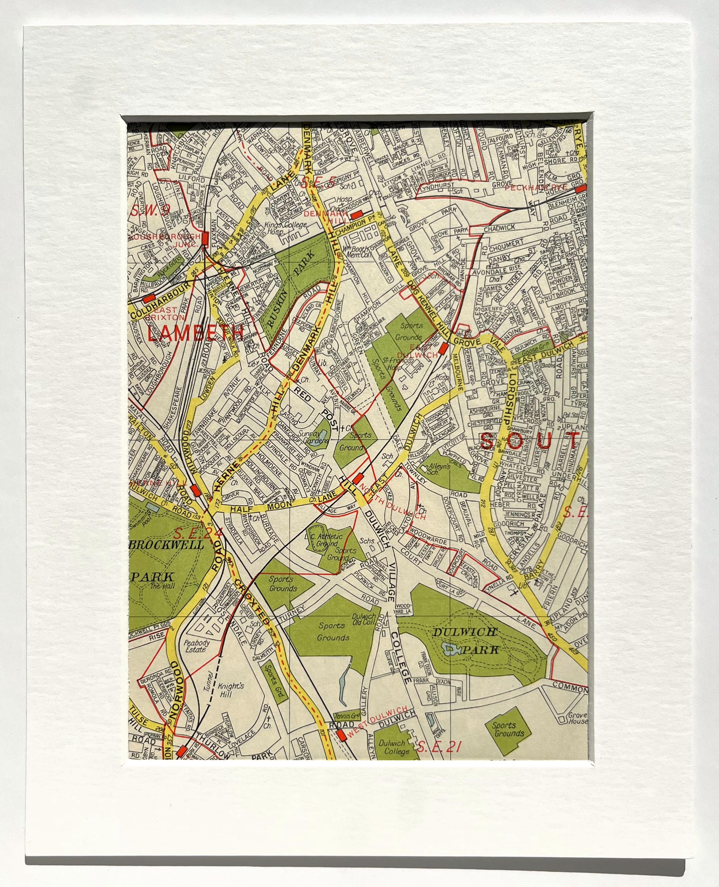 c. 1960 VINTAGE LONDON MAP, South London, Dulwich, Brixton, Denmark Hill, Peckham Rye, Herne Hill, Matted/ Mounted for Framing