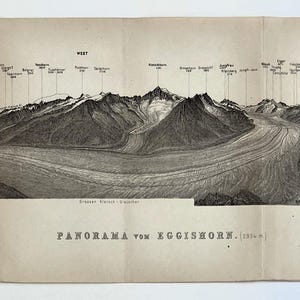 May include: A black and white panoramic print titled PANORAMA VOM EGGISHORN, depicting a detailed mountain range and glacier landscape. The print features numerous thin vertical lines extending upward from the peaks to small text labels.