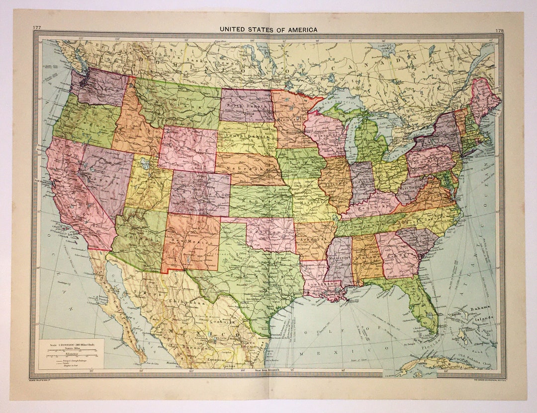 USA, United States of America, Antique Map, Philips C. 1930. Lovely ...
