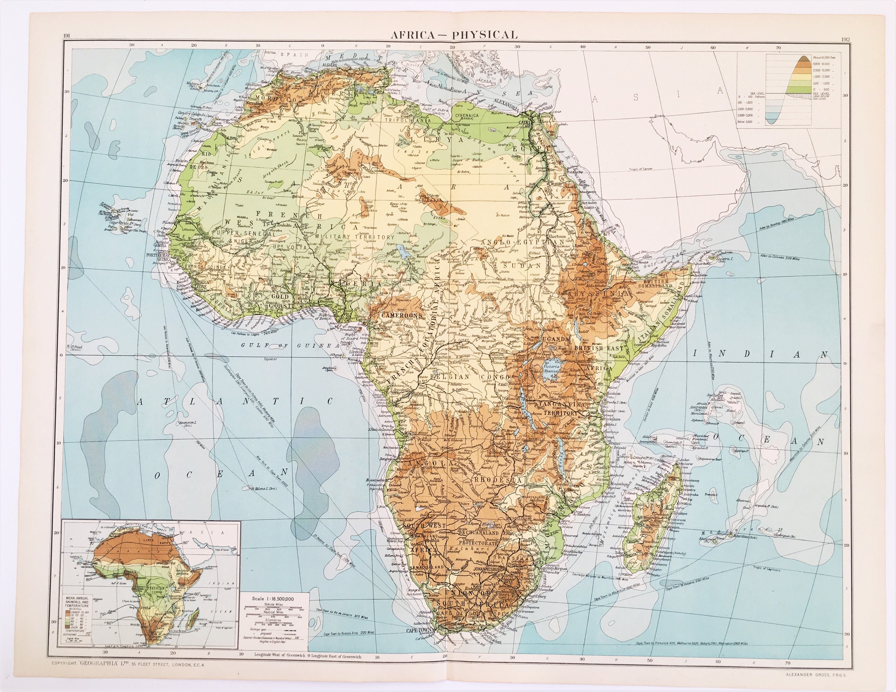 Huge Antique Map Africa Continent Physical Map C 1920 Etsy