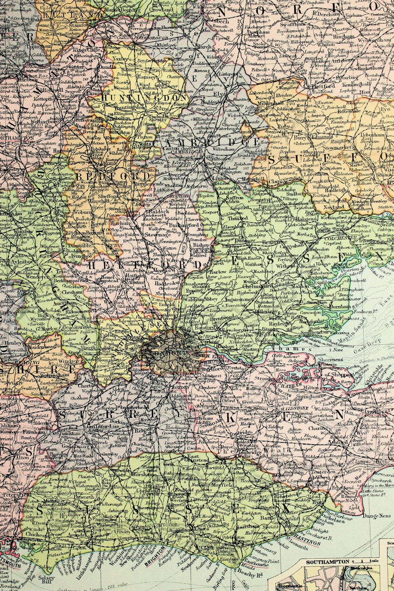 Antique Map : South East England London Philips c. 1920. | Etsy