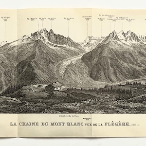 May include: A black and white panoramic print titled LA CHAINE DU MONT BLANC VUE DE LA FLEGERA 1877. The illustration depicts a detailed mountain range with jagged peaks, glaciers, and valleys, featuring numerous labels and elevation markers.