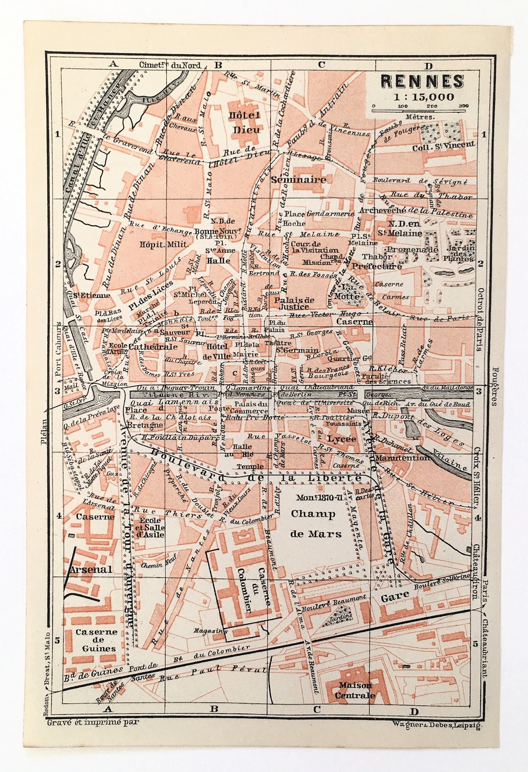 RENNES City Plan, FRANCE 1910 Very Small Antique Colour Map - Etsy