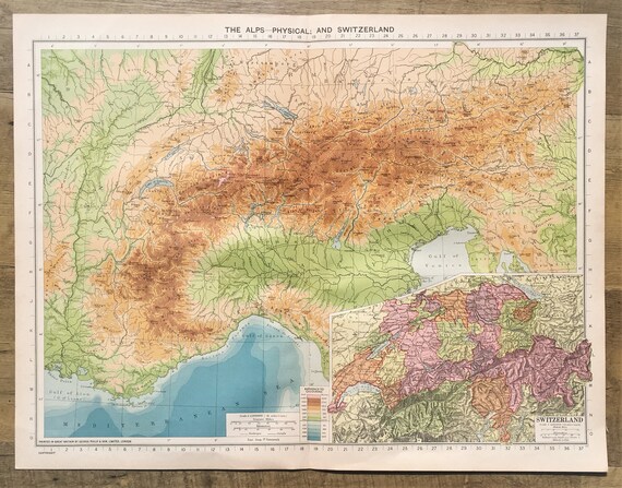 1940 Vintage Wartime Map Switzerland The Alps Philips Etsy