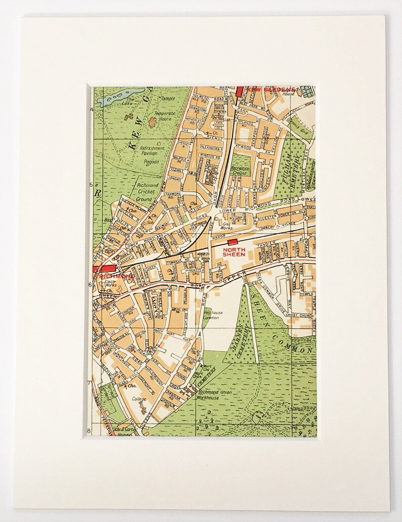 1930s VINTAGE LONDON MAP, South West London, Richmond, Kew Gardens