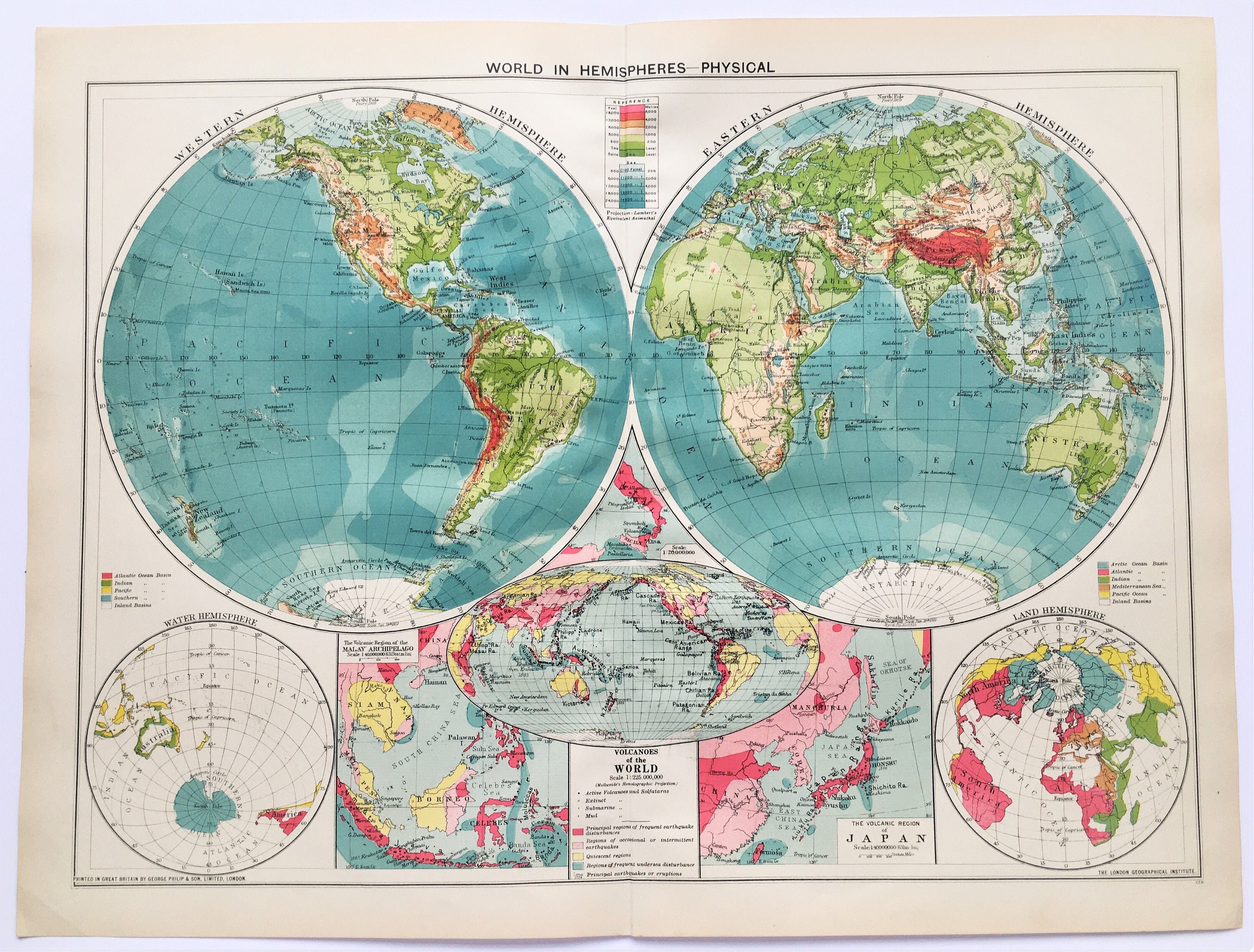 1934 Vintage World Map in Hemispheres, Physical Features