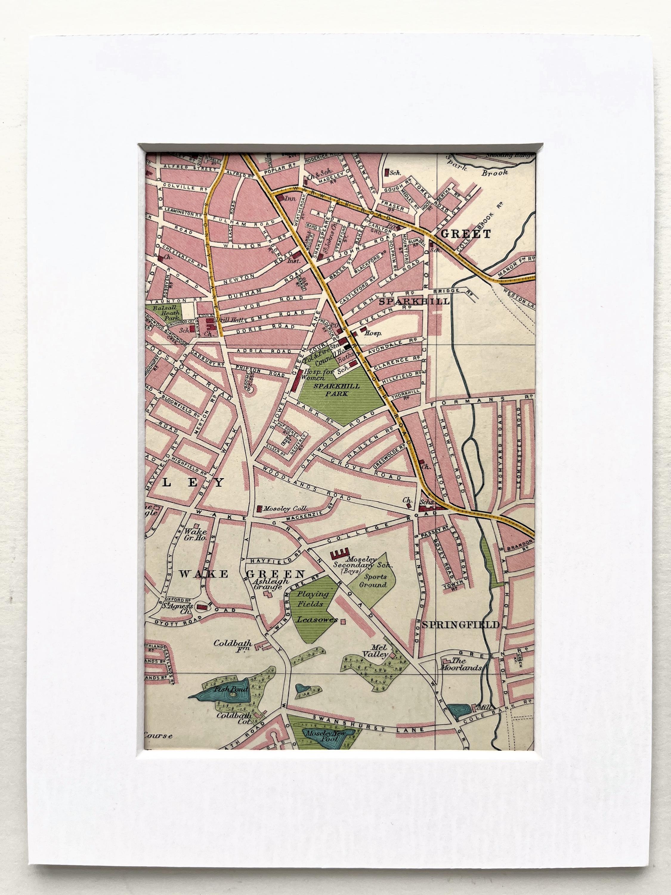 1933 VINTAGE BIRMINGHAM MAP, Birmingham, Moseley, Balsall Heath, Wake Green Matted/ Mounted for Framing (41)