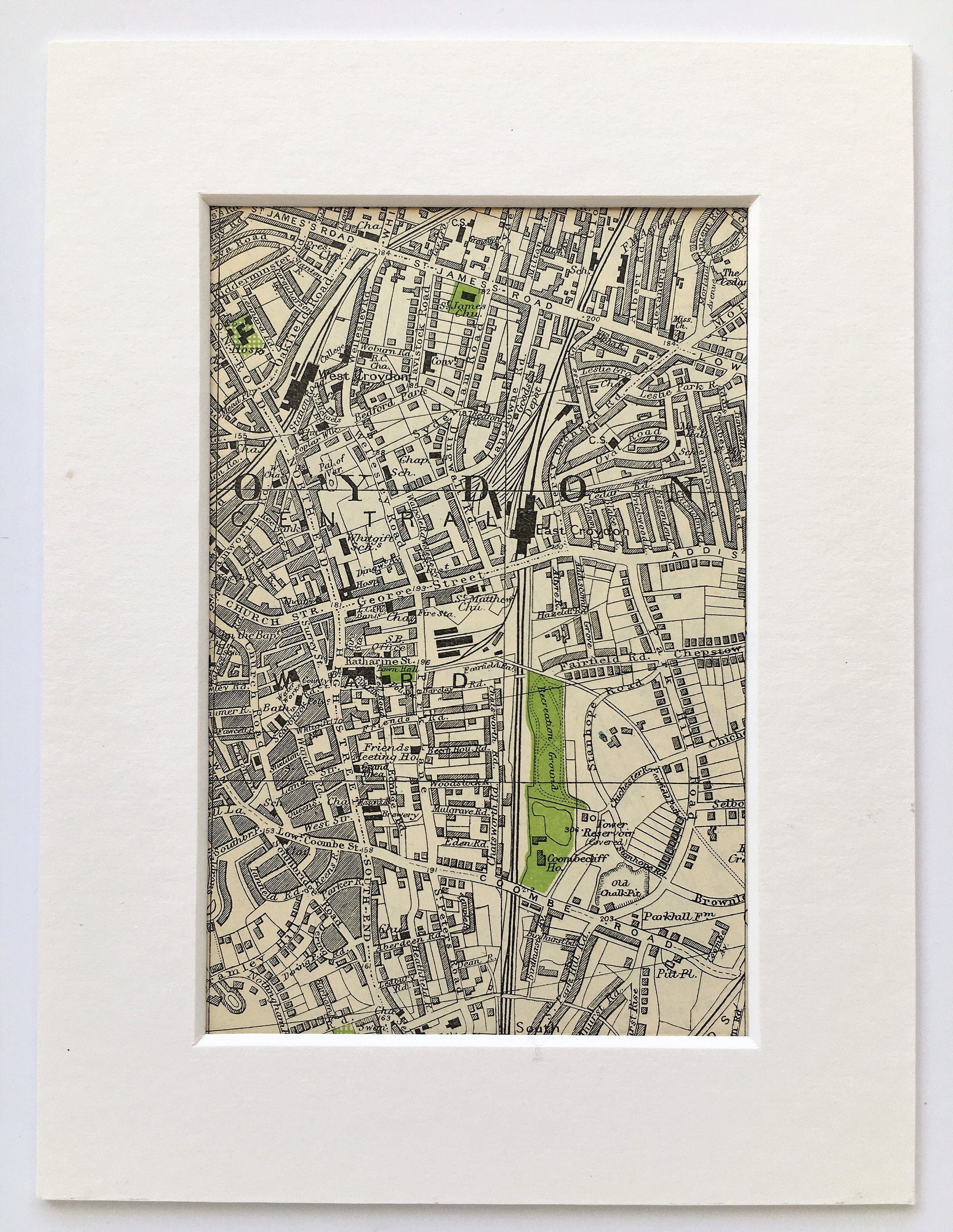 1930s VINTAGE LONDON MAP, South East London, Croydon, Matted/ Mounted