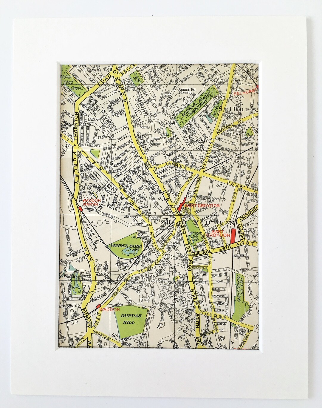1940s VINTAGE LONDON MAP, South East London, Croydon, Selhurst, Matted