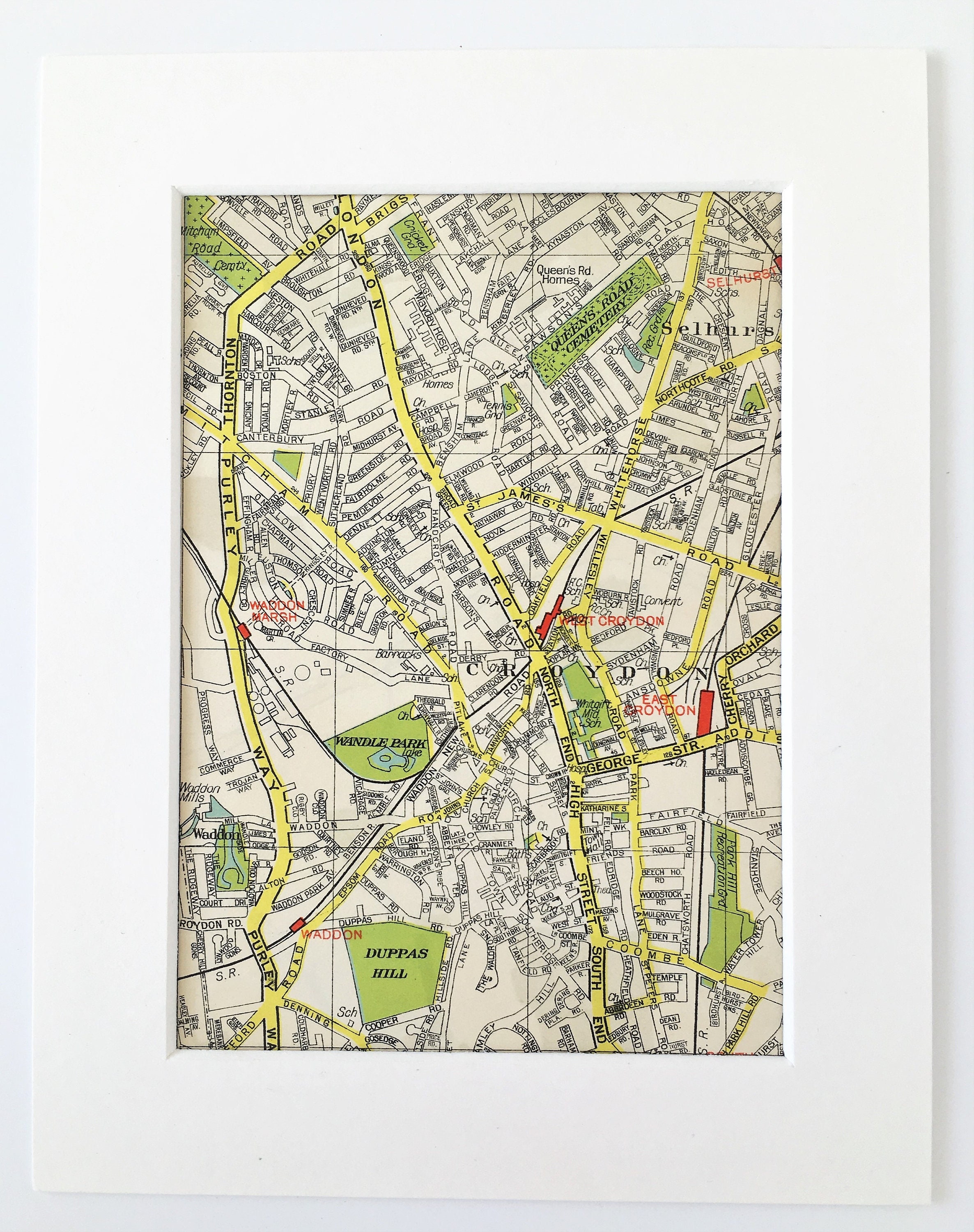1940s VINTAGE LONDON MAP, South East London, Croydon, Selhurst, Matted