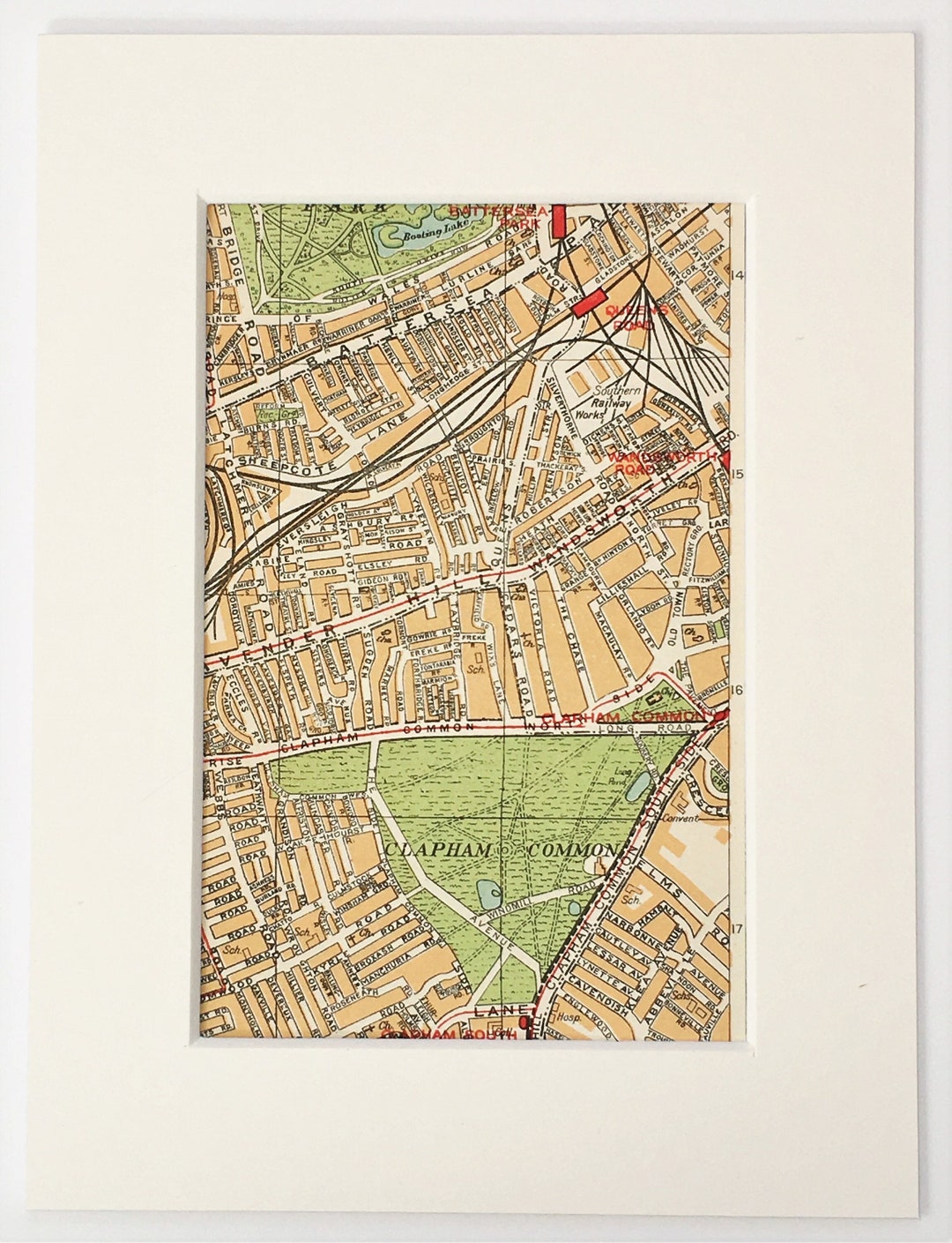 1930s VINTAGE LONDON MAP, South London, Battersea, Clapham, Wandsworth