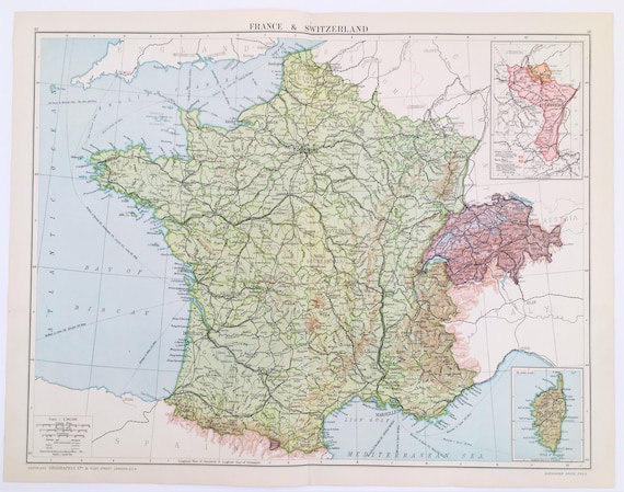 Huge Antique Map France Switzerland Corsica C 1920 Etsy