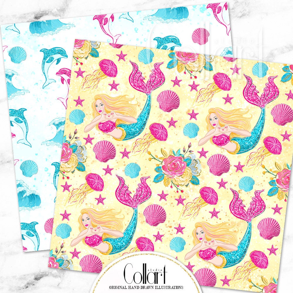 Mermaid Paper Pack Siren Digital Paper Glitter Papers Girly Etsy