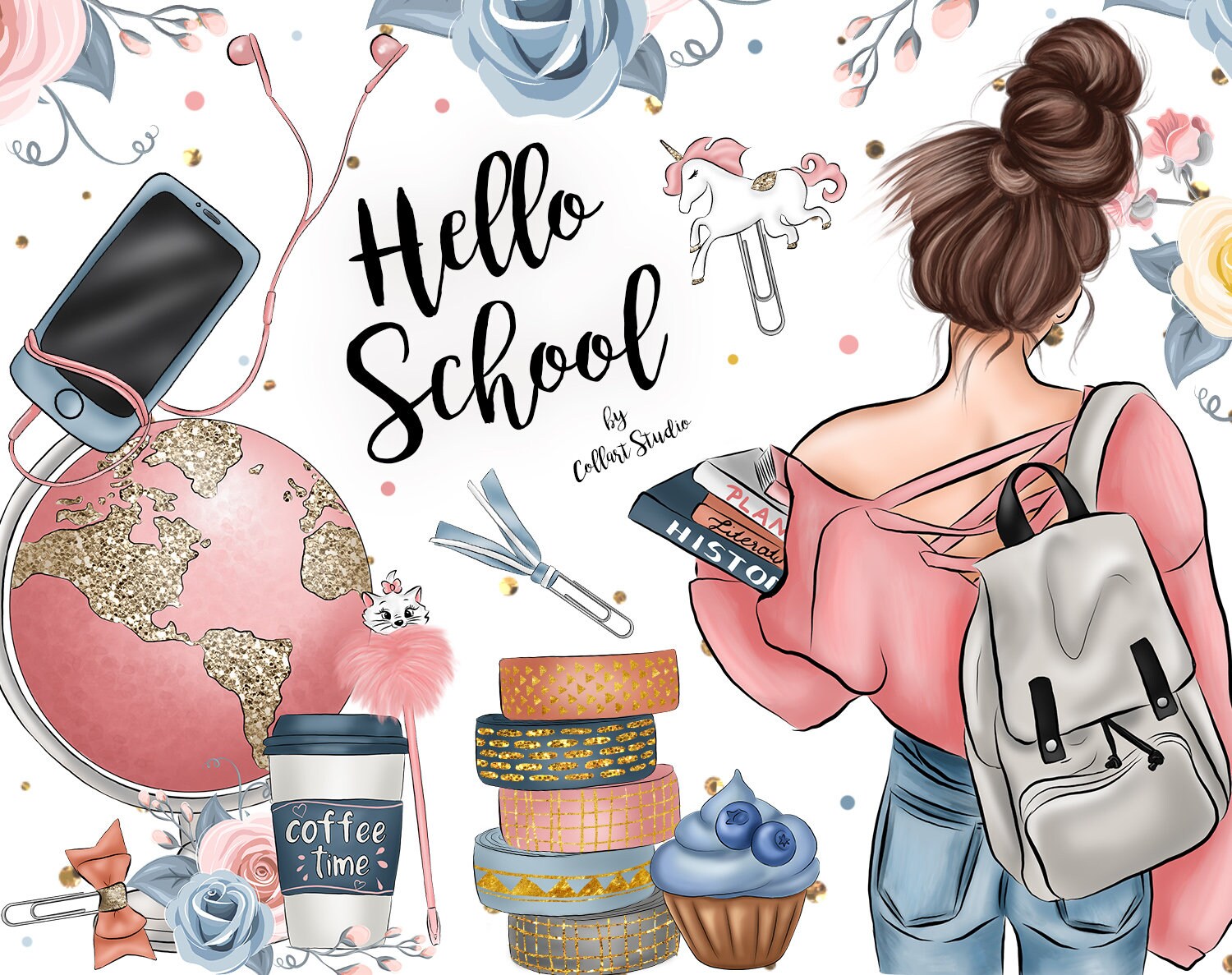 Back to School Clipart Fashion Girl Clipart Planner Stickers Etsy