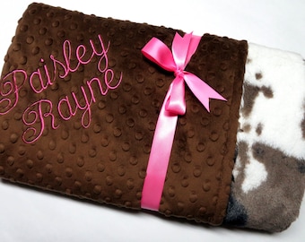Personalized Cow Print Minky Baby Blanket, Newborn Gift