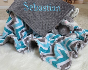 Baby Boy, Baby Blanket, Baby Blanket Personalized,Topaz  Charcoal  Shevron  Baby Gift, Baby Shower Gift, Minky Baby Blankets