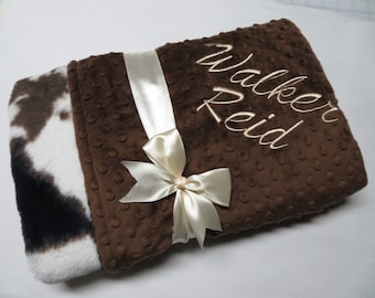 Personalized Cow Print Minky Baby Blanket, Shower Gift, USA Handcrafted