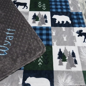 Personalized Minky Baby Blanket, Cabin Boy Quilt, Bear & Moose, USA Handcrafted