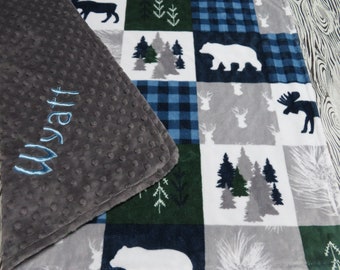 Manta de bebé Minky personalizada, colcha de niño de cabaña, oso y alce, hecha a mano en EE. UU.