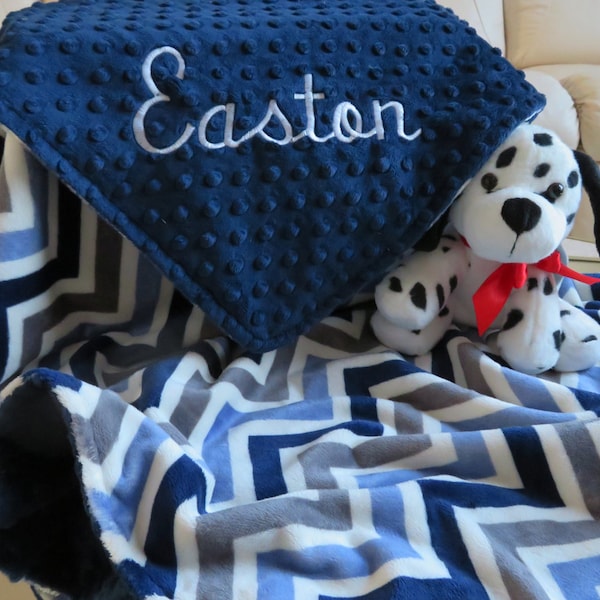 Navy Blue Minky/Chevron Boy Blanket, Personalized Baby Shower Gift, USA Handcrafted