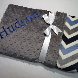 Baby Blanket, Personalized Baby Boy Blanket, Navy Gray Chevron  Baby Boy Blanket, Baby Gift, Baby Shower Gift, Minky Baby Blankets
