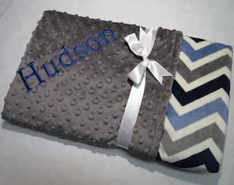 Baby Blanket, Personalized Baby Boy Blanket, Navy Gray Chevron  Baby Boy Blanket, Baby Gift, Baby Shower Gift, Minky Baby Blankets