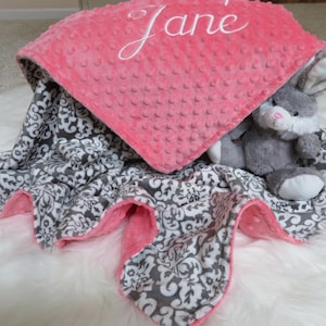 Baby girl, Baby Blanket, Coral Damask  Baby Girl Blanket,  Baby Gift, Baby Shower Gift, Minky Baby Girl Blankets,