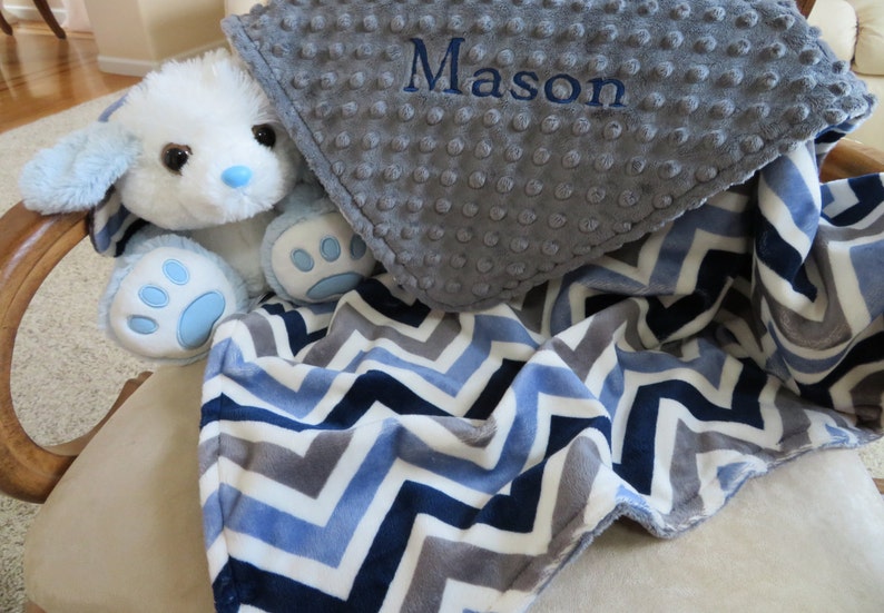 Baby Blanket Personalized Baby Boy Blanket Navy Gray Chevron Etsy