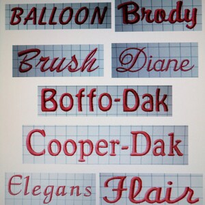 May include: A collection of embroidered names in red thread on a white background. The names include Balloon, Brody, Brush, Diane, Boff-Dak, Cooper-Dak, Elegans, and Flair.
