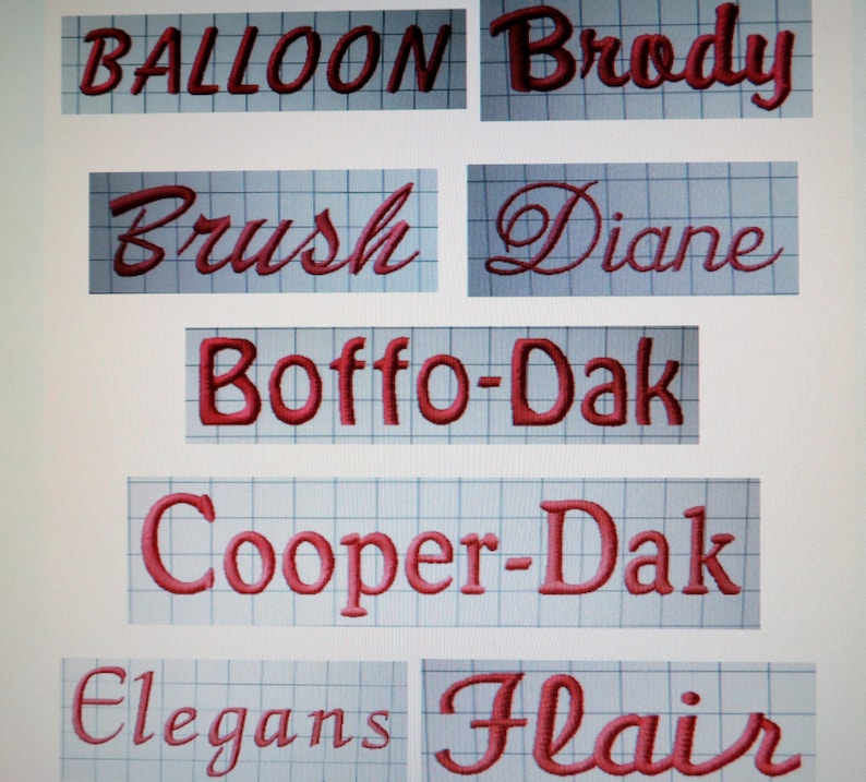 May include: A collection of embroidered names in red thread on a white background. The names include Balloon, Brody, Brush, Diane, Boff-Dak, Cooper-Dak, Elegans, and Flair.