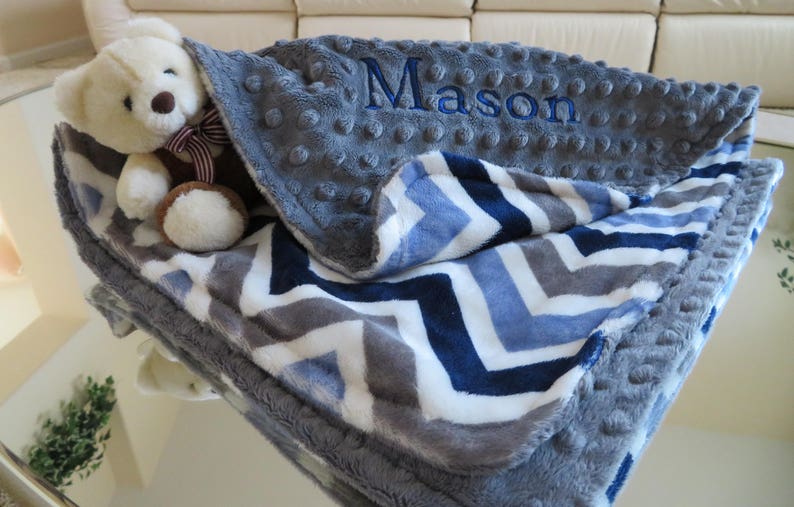 Baby Blanket Personalized Baby Boy Blanket Navy Gray Chevron Etsy