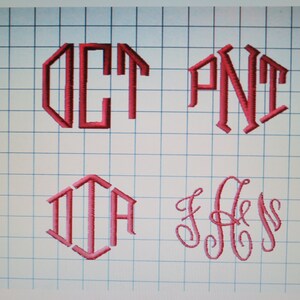 May include: Eight different monogram designs in red thread on a white grid background. The monograms are CIR, OCT, PNT, SCR, SEL, DIA, and two cursive monograms.