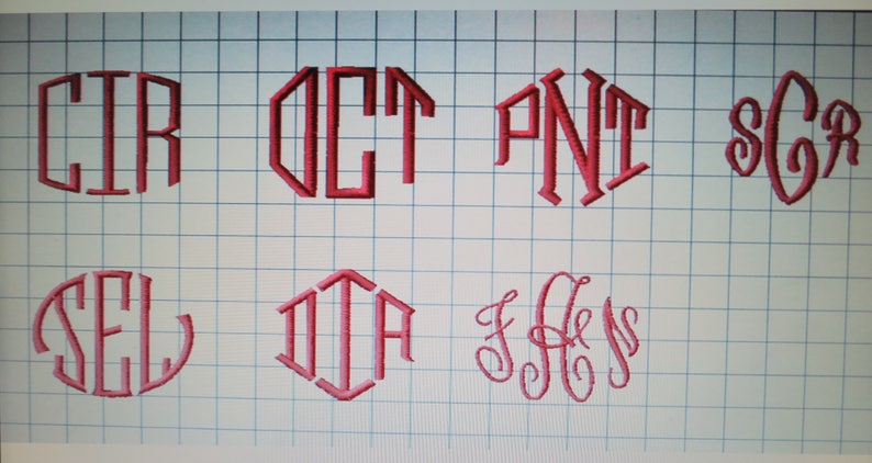 May include: Eight different monogram designs in red thread on a white grid background. The monograms are CIR, OCT, PNT, SCR, SEL, DIA, and two cursive monograms.