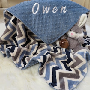 Baby Boy Blanket, Personalized Baby Blanket, Denim Minky Dots/ Shevron  Baby Boy Blanket, Baby Gift, Baby Shower Gift, Minky Baby Blankets