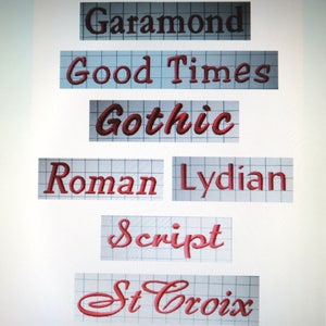 May include: A collection of different font styles written in red on a white grid background. The fonts include Garamond, Good Times, Gothic, Roman, Lydian, Script, and St Croix.