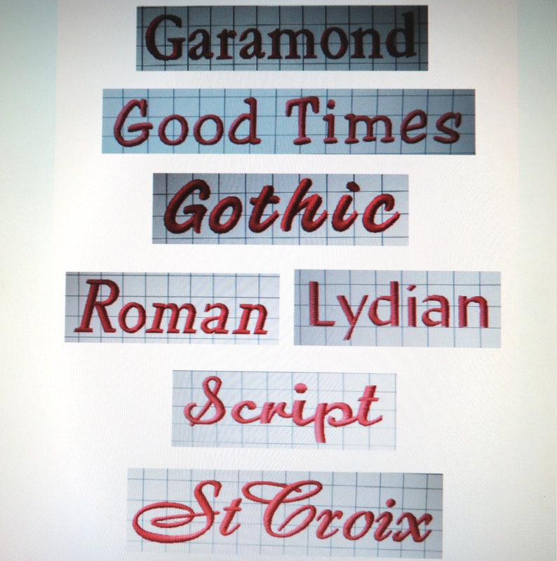 May include: A collection of different font styles written in red on a white grid background. The fonts include Garamond, Good Times, Gothic, Roman, Lydian, Script, and St Croix.