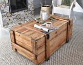 3 sizes Vintage Antique Old big Army military wood wooden Chest Trunk Box coffee table Shabby Chic brown cottage loft industrial wheels barn