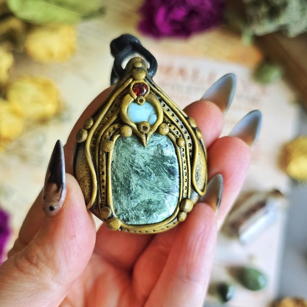 Seraphinite Crystal Pendant | Gemstone Jewellery for Magical Practices | Polymer Clay Crystal Necklace | Metaphysical Witchcraft Supplies