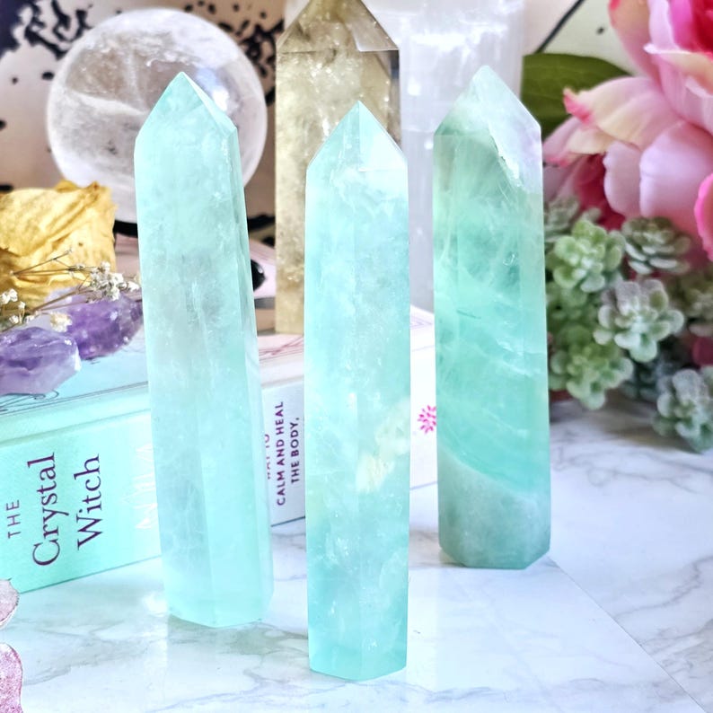 Green Fluorite Crystal Tower | Polished Gemstone Green Fluorite Point | Libra Zodiac Crystals | Crystal Grid Generator Point