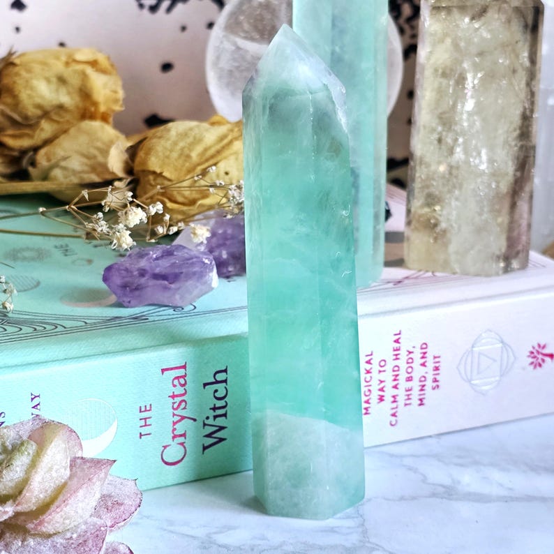 Green Fluorite Crystal Tower | Polished Gemstone Green Fluorite Point | Libra Zodiac Crystals | Crystal Grid Generator Point