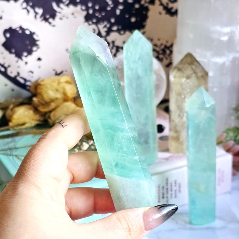Green Fluorite Crystal Tower | Polished Gemstone Green Fluorite Point | Libra Zodiac Crystals | Crystal Grid Generator Point