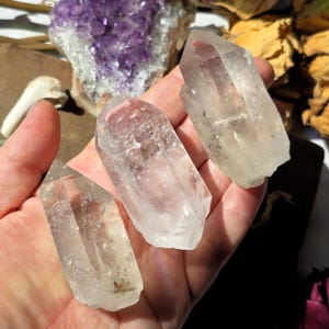 May include: Three clear quartz crystal points of varying sizes are held in a hand. The crystals are translucent with visible internal structures. A cluster of purple amethyst crystals is visible in the background.