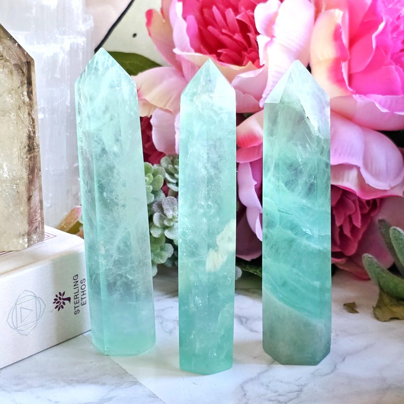 Green Fluorite Crystal Tower | Polished Gemstone Green Fluorite Point | Libra Zodiac Crystals | Crystal Grid Generator Point